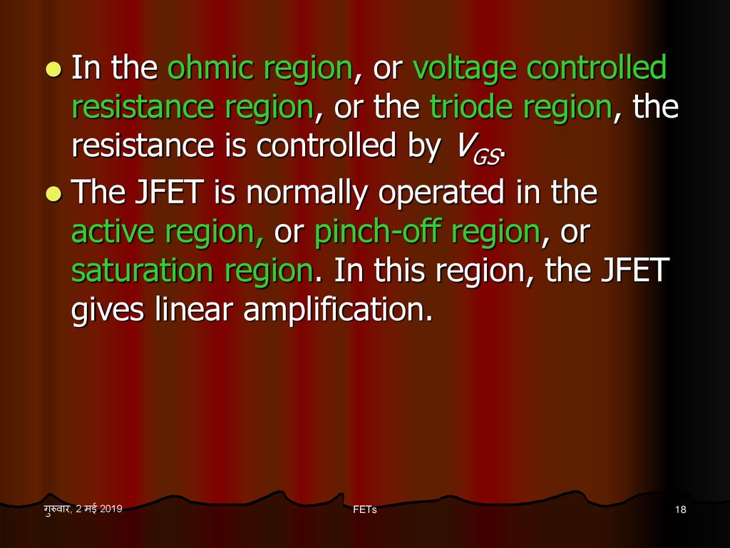 In the ohmic region, or voltage controlled resistance region, or the triode region, the resistance is controlled by VGS.